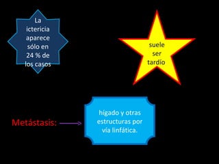 La
    ictericia
    aparece
     sólo en                       suele
    24 % de                         ser
   los casos                      tardío.




                hígado y otras
Metástasis:     estructuras por
                 vía linfática.
 