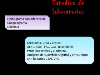 Estudios de
                               laboratorio:
Hemograma con diferencial
Coagulograma
Glicemia



             Creatinina, urea y uratos
             ALAT, ASAT, FAL, GGT, Bilirrubinas
             Proteínas totales y albúmina.
             Antígeno de superficie (AgHbs) y anticuerpos
             anti hepatitis C (AC VHC)
 