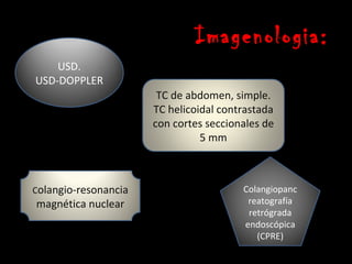 Imagenologia:
    USD.
USD-DOPPLER
                       TC de abdomen, simple.
                      TC helicoidal contrastada
                      con cortes seccionales de
                                5 mm



Colangio-resonancia                     Colangiopanc
magnética nuclear                        reatografía
                                         retrógrada
                                        endoscópica
                                           (CPRE)
 