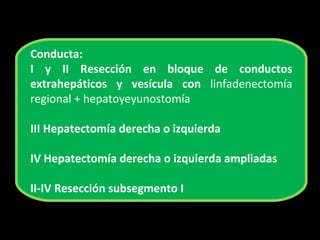Conducta:
I y II Resección en bloque de conductos
extrahepáticos y vesícula con linfadenectomía
regional + hepatoyeyunostomía

III Hepatectomía derecha o izquierda

IV Hepatectomía derecha o izquierda ampliadas

II-IV Resección subsegmento I
 