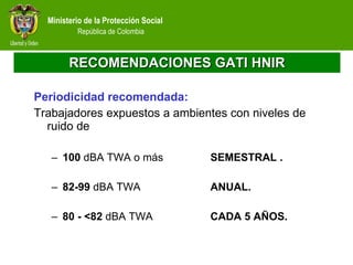 RECOMENDACIONES GATI HNIR Periodicidad recomendada: Trabajadores expuestos a ambientes con niveles de ruido de 100  dBA   TWA o más SEMESTRAL . 82-99  dBA   TWA ANUAL. 80 - <82  dBA   TWA  CADA 5 AÑOS.  