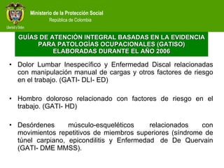 Dolor Lumbar Inespecífico y Enfermedad Discal relacionadas con manipulación manual de cargas y otros factores de riesgo en el trabajo. (GATI- DLI- ED)  Hombro doloroso relacionado con factores de riesgo en el trabajo. (GATI- HD)  Desórdenes músculo-esqueléticos  relacionados con movimientos repetitivos de miembros superiores (síndrome de túnel carpiano, epicondilitis y Enfermedad  de De Quervain (GATI- DME MMSS).  GUÍAS DE ATENCIÓN INTEGRAL BASADAS EN LA EVIDENCIA PARA PATOLOGÍAS OCUPACIONALES (GATISO) ELABORADAS DURANTE EL AÑO 2006 