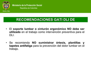 RECOMENDACIONES GATI DLI DE El  soporte lumbar o cinturón ergonómico NO debe ser utilizado  en el trabajo como intervención preventiva para el DLI. Se recomienda  NO suministrar órtesis, plantillas y tapetes antifatiga  para la prevención del dolor lumbar en el trabajo. 