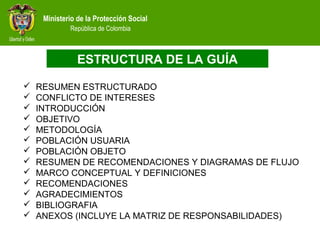 Ministerio de la Protección Social
República de Colombia
 RESUMEN ESTRUCTURADO
 CONFLICTO DE INTERESES
 INTRODUCCIÓN
 OBJETIVO
 METODOLOGÍA
 POBLACIÓN USUARIA
 POBLACIÓN OBJETO
 RESUMEN DE RECOMENDACIONES Y DIAGRAMAS DE FLUJO
 MARCO CONCEPTUAL Y DEFINICIONES
 RECOMENDACIONES
 AGRADECIMIENTOS
 BIBLIOGRAFIA
 ANEXOS (INCLUYE LA MATRIZ DE RESPONSABILIDADES)
ESTRUCTURA DE LA GUÍA
 