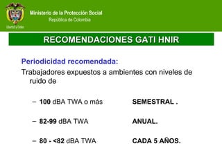 Ministerio de la Protección Social
República de Colombia
RECOMENDACIONES GATI HNIRRECOMENDACIONES GATI HNIR
Periodicidad recomendada:
Trabajadores expuestos a ambientes con niveles de
ruido de
– 100 dBA TWA o más SEMESTRAL .
– 82-99 dBA TWA ANUAL.
– 80 - <82 dBA TWA CADA 5 AÑOS.
 