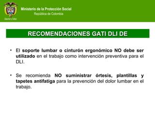 Ministerio de la Protección Social
República de Colombia
RECOMENDACIONES GATI DLI DERECOMENDACIONES GATI DLI DE
• El soporte lumbar o cinturón ergonómico NO debe ser
utilizado en el trabajo como intervención preventiva para el
DLI.
• Se recomienda NO suministrar órtesis, plantillas y
tapetes antifatiga para la prevención del dolor lumbar en el
trabajo.
 