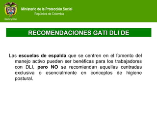 Ministerio de la Protección Social
República de Colombia
RECOMENDACIONES GATI DLI DERECOMENDACIONES GATI DLI DE
Las escuelas de espalda que se centren en el fomento del
manejo activo pueden ser benéficas para los trabajadores
con DLI, pero NO se recomiendan aquellas centradas
exclusiva o esencialmente en conceptos de higiene
postural.
 