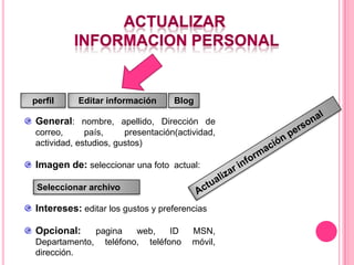 perfil    Editar información       Blog

General: nombre, apellido, Dirección de
correo,      país,     presentación(actividad,
actividad, estudios, gustos)

Imagen de: seleccionar una foto actual:

 Seleccionar archivo

Intereses: editar los gustos y preferencias

Opcional:    pagina   web,    ID        MSN,
Departamento, teléfono, teléfono        móvil,
dirección.
 