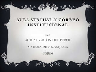 AULA VIRTUAL Y CORREO
    INSTITUCIONAL


  ACTUALIZACION DEL PERFIL

   SISTEMA DE MENSAJERIA

           FOROS
 