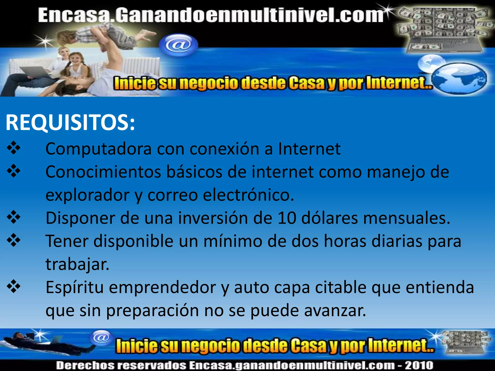 Bonos Adicionales  Además del excelente plan de compensación, la empresa premia con bonos adicionales según el esfuerzo. Estos son los bonos: Bono semanal. Por cada 5 afiliados que logres en el período de una semana (de lunes 12:00am a domingo 11:59pm, Tiempo Pacífico) y se activen luego de sus 7 días gratis (o sea que su primer pago pase), ganarás un premio de $100 dólares adicional a tus comisiones mensuales. ¡Sin límite! Si afilias 10, ganas US$200, si afilias 20, ganas US$400, etc. 