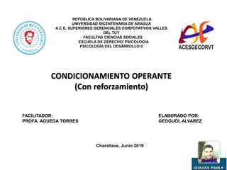 REPÚBLICA BOLIVARIANA DE VENEZUELA
UNIVERSIDAD BICENTENARIA DE ARAGUA
A.C E. SUPERIORES GERENCIALES CORPOTATIVOS VALLES
DEL TUY
FACULTAD CIENCIAS SOCIALES
ESCUELA DE DERECHO/ PSICOLOGÍA
PSICOLOGÍA DEL DESARROLLO II
FACILITADOR: ELABORADO POR:
PROFA. AGUEDA TORRES GEDGUOL ALVAREZ
CONDICIONAMIENTO OPERANTE
(Con reforzamiento)
Charallave, Junio 2019
 