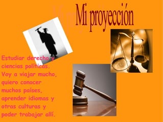 Estudiar derecho y
ciencias políticas.
Voy a viajar mucho,
quiero conocer
muchos países,
aprender idiomas y
otras culturas y
poder trabajar allí.
 