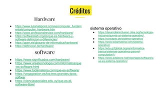 Créditos
Hardware
● https://www.tutorialspoint.com/es/computer_fundam
entals/computer_hardware.htm
● https://www.profesionalreview.com/hardware/
● https://softwarelab.org/es/que-es-hardware-y-
software-definicion-y-diferencias/
● https://apen.es/glosario-de-informatica/hardware/
● https://definicion.de/hardware/
software
● https://www.significados.com/hardware/
● https://www.areatecnologia.com/informatica/que
-es-software.html
● https://www.todamateria.com/que-es-software/
● https://vegagestion.es/los-tres-grandes-tipos-
softwar
● https://cienciassociales.edu.uy/que-es-el-
software-libre/
sistema operativo
● https://desarrollarinclusion.cilsa.org/tecnologia-
inclusiva/que-es-un-sistema-operativo/.
● https://concepto.de/sistema-operativo/
● https://www.todamateria.com/sistema-
operativo/
● https://edu.gcfglobal.org/es/informatica-
basica/sistemas-operativos-para-el-
computador/1/
● https://www.adslzone.net/reportajes/software/q
ue-es-sistema-operativo/
 