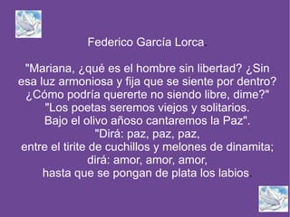 F r a s e s E ntre los individuos , como entre las naciones ,el respeto al derecho ajeno es la paz . De  Benito Juárez. Esta paz tan estimable se compra al duro precio de la sangre y de la muerte .De Manuel Belgrano. Hay algo tan necesario como el pan de cada día , y es la paz de cada día ; la paz sin la cual el mismo pan es amargo. 