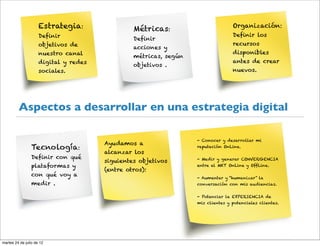 Estrategia:                Métricas:                        Organización:
                     Definir                                                     Definir los
                                                Definir
                     objetivos de                                                recursos
                                                acciones y
                     nuestro canal                                               disponibles
                                                métricas, según
                     digital y redes                                             antes de crear
                                                objetivos .
                     sociales.                                                   nuevos.




         Aspectos a desarrollar en una estrategia digital

                                                                  - Conocer y desarrollar mi
                                       Ayudamos a
                 Tecnología:                                      reputación OnLine.
                                       alcanzar los
                 Definir con qué                                  - Medir y generar CONVERGENCIA
                                       siguientes objetivos
                 plataformas y                                    entre el MKT OnLine y OffLine.
                                       (entre otros):
                 con qué voy a                                    - Aumentar y “humanizar” la
                 medir .                                          conversación con mis audiencias.


                                                                  - Potenciar la EXPERIENCIA de
                                                                  mis clientes y potenciales clientes.




martes 24 de julio de 12
 