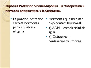 Hipófisis Posterior o neuro-hipófisis   , la Vasopresina u hormona antidiurética y la Oxitocina.   La porción posterior secreta hormonas pero no fabrica ninguna Hormonas que no están bajo control hormonal a) ADH—osmolaridad del agua b) Oxitocina—contracciones uterinas 