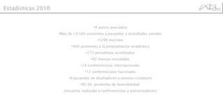 8 países asociados Más de 14.500 asistentes a pasarelas y actividades sociales 1298 inscritos 940 asistentes a la programación académica 172 periodistas acreditados 62 marcas vinculadas 24 conferencistas internacionales 12 conferencistas nacionales 8 pasarelas de diseñadores y jóvenes creadores 90,3%  promedio de favorabilidad  (encuesta realizada a conferencistas y patrocinadores) Estadísticas 2010 