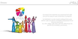 Los dioses de la leyenda son inspiración de cada uno de los espacios que conforman el congreso. Su habilidad o su don mutan análogamente para definir cada una de las actividades propuestas en los diversos escenarios. Su color refleja cada área y permite diferenciar los perfiles de invitados y asistentes. Dioses 