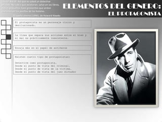 Lauren Bacall: Así que es usted un detective privado. No sabía que existieran, salvo en los libros, o esos pequeños tipos grasientos que andan espiando en los pasillos de los hoteles.El sueño eterno (1946), de Howard HawksELEMENTOS DEL GENERO:EL PROTAGONISTAEl protagonista es un personaje cínico y desilusionado.La línea que separa sus acciones entre el bien y el mal es prácticamente inexistente.Encaja más en el papel de antiheroeExisten cuatro tipo de protagonistas:Detective como protagonista.Desde el punto de vista del criminal.Desde el punto de vista de la víctima.Desde el punto de vista del juez dictador