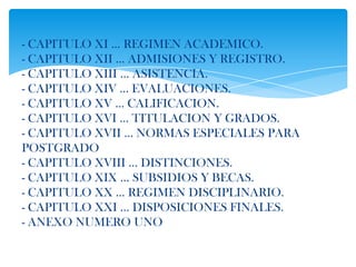 - CAPITULO XI … REGIMEN ACADEMICO.
- CAPITULO XII … ADMISIONES Y REGISTRO.
- CAPITULO XIII … ASISTENCIA.
- CAPITULO XIV … EVALUACIONES.
- CAPITULO XV … CALIFICACION.
- CAPITULO XVI … TITULACION Y GRADOS.
- CAPITULO XVII … NORMAS ESPECIALES PARA
POSTGRADO
- CAPITULO XVIII … DISTINCIONES.
- CAPITULO XIX … SUBSIDIOS Y BECAS.
- CAPITULO XX … REGIMEN DISCIPLINARIO.
- CAPITULO XXI … DISPOSICIONES FINALES.
- ANEXO NUMERO UNO
 