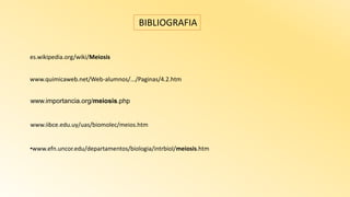 BIBLIOGRAFIA
es.wikipedia.org/wiki/Meiosis
www.quimicaweb.net/Web-alumnos/.../Paginas/4.2.htm
www.importancia.org/meiosis.php
www.iibce.edu.uy/uas/biomolec/meios.htm
•www.efn.uncor.edu/departamentos/biologia/intrbiol/meiosis.htm
 