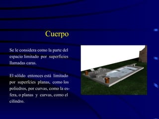 Cuerpo Se le considera como la parte del espacio limitado  por  superficies llamadas caras. El sólido  entonces está  limitado por  superfcies  planas,  como los poliedros, por curvas, como la es- fera, o planas  y  curvas, como el cilíndro. 