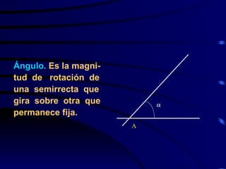 Ángulo.  Es la magni- tud  de  rotación  de una  semirrecta  que gira  sobre  otra  que permanece fija. A  
