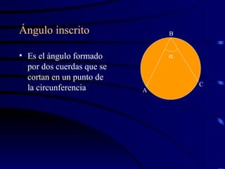 Ángulo inscrito Es el ángulo formado por dos cuerdas que se cortan en un punto de la circunferencia A B C  