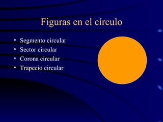 Figuras en el círculo Segmento circular Sector circular Corona circular Trapecio circular 