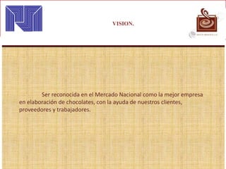 VISION.
Ser reconocida en el Mercado Nacional como la mejor empresa
en elaboración de chocolates, con la ayuda de nuestros clientes,
proveedores y trabajadores.
 