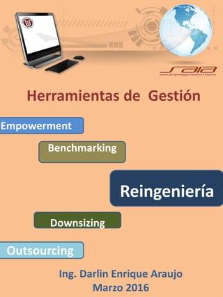 Herramientas de Gestión
Empowerment
Outsourcing
Benchmarking
Ing. Darlin Enrique Araujo
Marzo 2016
Reingeniería
Downsizing
 