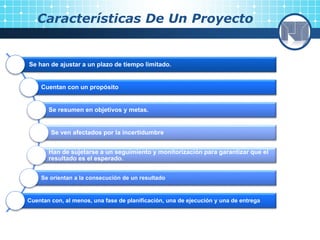 Características De Un Proyecto
Se han de ajustar a un plazo de tiempo limitado.
Cuentan con un propósito
Se resumen en objetivos y metas.
Se ven afectados por la incertidumbre
Han de sujetarse a un seguimiento y monitorización para garantizar que el
resultado es el esperado.
Se orientan a la consecución de un resultado
Cuentan con, al menos, una fase de planificación, una de ejecución y una de entrega
 