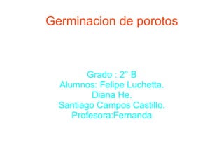 Germinacion de porotos 
Grado : 2° B 
Alumnos: Felipe Luchetta. 
Diana He. 
Santiago Campos Castillo. 
Profesora:Fernanda 
 