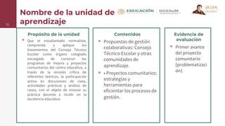 Nombre de la unidad de
aprendizaje
16
Propósito de la unidad
▹ Que el estudiantado normalista,
comprenda y aplique los
lineamientos del Consejo Técnico
Escolar como órgano colegiado
encargado de construir los
programas de mejora y proyectos
comunitarios del centro educativo, a
través de la revisión crítica de
referentes teóricos, la participación
activa en discusiones de clase,
actividades prácticas y análisis de
casos, con el objeto de innovar su
práctica docente e incidir en la
excelencia educativa.
Contenidos
▹ Propuestas de gestión
colaborativas: Consejo
Técnico Escolar y otras
comunidades de
aprendizaje.
▹ • Proyectos comunitarios:
estrategias y
herramientas para
eficientar los procesos de
gestión.
Evidencia de
evaluación
▹ Primer avance
del proyecto
comunitario
(problematizaci
ón)
 