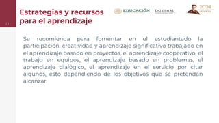 Estrategias y recursos
para el aprendizaje
17
Se recomienda para fomentar en el estudiantado la
participación, creatividad y aprendizaje significativo trabajado en
el aprendizaje basado en proyectos, el aprendizaje cooperativo, el
trabajo en equipos, el aprendizaje basado en problemas, el
aprendizaje dialógico, el aprendizaje en el servicio por citar
algunos, esto dependiendo de los objetivos que se pretendan
alcanzar.
 