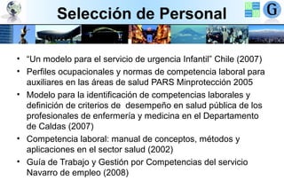 Selección de Personal
• “Un modelo para el servicio de urgencia Infantil” Chile (2007)
• Perfiles ocupacionales y normas de competencia laboral para
auxiliares en las áreas de salud PARS Minprotección 2005
• Modelo para la identificación de competencias laborales y
definición de criterios de desempeño en salud pública de los
profesionales de enfermería y medicina en el Departamento
de Caldas (2007)
• Competencia laboral: manual de conceptos, métodos y
aplicaciones en el sector salud (2002)
• Guía de Trabajo y Gestión por Competencias del servicio
Navarro de empleo (2008)

 