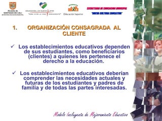Los establecimientos educativos dependen de sus estudiantes, como beneficiarios (clientes) a quienes les pertenece el derecho a la educación.  Los establecimientos educativos deberían comprender las necesidades actuales y futuras de los estudiantes y padres de familia y de todas las partes interesadas. ORGANIZACIÓN CONSAGRADA  AL CLIENTE SECRETARIA   DE EDUCACION MUNCIPAL   “ NUEVA CULTURA EDUCATIVA  “ 