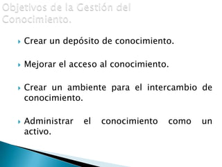 Objetivos de la Gestión del Conocimiento.Crear un depósito de conocimiento.Mejorar el acceso al conocimiento.Crear un ambiente para el intercambio de conocimiento.Administrar el conocimiento como un activo.