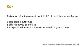 A situation of not-knowing in which all 3 of the following are known:
1. all possible outcomes
2. all actions you could take
3. the probabilities of each outcome based on your actions
Source: Vaughn Tan, How to think more clearly about risk
Risk
 
