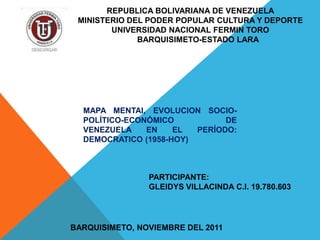REPUBLICA BOLIVARIANA DE VENEZUELA
 MINISTERIO DEL PODER POPULAR CULTURA Y DEPORTE
        UNIVERSIDAD NACIONAL FERMIN TORO
              BARQUISIMETO-ESTADO LARA




  MAPA MENTAl, EVOLUCION SOCIO-
  POLÍTICO-ECONÓMICO           DE
  VENEZUELA    EN    EL  PERÍODO:
  DEMOCRATICO (1958-HOY)



                PARTICIPANTE:
                GLEIDYS VILLACINDA C.I. 19.780.603




BARQUISIMETO, NOVIEMBRE DEL 2011
 