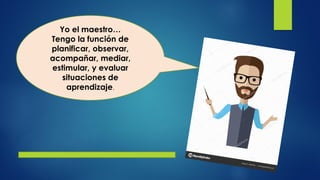 Yo el maestro…
Tengo la función de
planificar, observar,
acompañar, mediar,
estimular, y evaluar
situaciones de
aprendizaje.
 