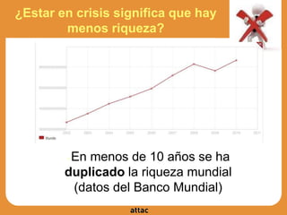 ¿Estar en crisis significa que hay
menos riqueza?
●En menos de 10 años se ha
duplicado la riqueza mundial
(datos del Banco Mundial)
 