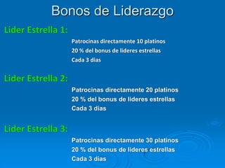Bonos de Liderazgo
Lider Estrella 1:
                    Patrocinas directamente 10 platinos
                    20 % del bonus de lideres estrellas
                    Cada 3 dias


Lider Estrella 2:
                    Patrocinas directamente 20 platinos
                    20 % del bonus de lideres estrellas
                    Cada 3 dias


Lider Estrella 3:
                    Patrocinas directamente 30 platinos
                    20 % del bonus de lideres estrellas
                    Cada 3 dias
 