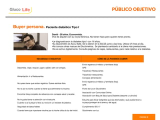NECESIDAD O INQUIETUD
 CÓMO SE LA PODEMOS CUBRIR
Deportista. viajar, esquiar, jugar a pádel, salir con amigos. 
Envío registros al médico y familiares (hijo)
GPS
Tripadvisor Restaurantes
Alimentación. Ir a Restaurantes
Tripadvisor restaurantes. 
Consejos alimentación
No quiere tener que anotar registros. Quiere sentirse libre. 
Envío registros al médico y familiares (hijo). 
GPS
No ve por la noche cuando se tiene que administrar la insulina
 Punto de luz en Glucómetro
Encontrar blog completo de referencia con consejos salud y recetas
Asociación con Comunidad Online. 
Asociación con Blog de Salud para Diabetes (deporte y nutrición)
No le gusta llamar la atención con el estuche. 
Cuando va a la playa lo lleva su novia en un neceser de plástico. 
Estuche para llevar bolígrafos que sea disimulado y que pueda llevar a
la playa (proteger de la arena y del agua)
Seguridad de datos ﬁables
 Cumplimiento ISO 17
Cuando tiene que inyectarse insulina por la noche utiliza la luz del móvil.
 Glucómetro con luz
PÚBLICO OBJETIVO
David - 29 años. Economista. 
Vive de alquiler con su novia Verónica. No tienen hijos pero quieren tener pronto.

• Le diagnosticaron la diabetes tipo I con 19 años.
• Su Glucómetro es Accu-Safe. Se lo dieron en la SS.SS junto a las tiras. Utiliza 4/5 tiras al día.
• No conoce otras marcas de Glucómetros. Se plantearía cambiarlo si le diera más prestaciones.
• No es activo digitalmente. Consulta páginas de viajes, restaurantes, pero nada relativo a la diabetes. 
PAGINA 15
Buyer persona. Paciente diabético Tipo I
Gluco

Life
 