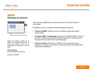 PLAN DE ACCIÓN
PAGINA 29
Gluco

Tener una buena BBDD para la venta del producto e iniciar las visitas de
comerciales. 

Esta BBDD vamos a conseguirla mediante diferentes acciones:

•  Compra de BBDD. Mercado nacional. Diabético segmentado según
nuestro target.

•  Campañas SEM + Landing page. Alimentamos la BBDD (CRM) a través de
los leads a través de las campañas SEM que hagamos a lo largo del año, y
de las acciones que terminen en la landing page.

•  Leads y usuarios. Alimentamos el CRM con los usuarios de la app y
plataforma, y aquellos que compren a través de la ecommerce para realizar
campañas de ﬁdelización. 
BBDD
Estrategia de atracción
Todos los contactos estarán en la
BBDD y será gestionada tanto por el
equipo de ventas, como por el
responsable de marketing y el contact
center.

KPIS y Métricas
Aumentar la BBDD anualmente.

• Calidad de la BBDD
Gluco

Life
 