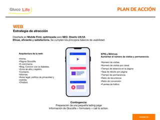 PLAN DE ACCIÓN
PAGINA 30
Diseñada en Mobile First, optimizada para SEO. Diseño UX/UI.
Eﬁcaz, eﬁciente y satisfactoria. Se cumplen los principios básicos de usabilidad. 
Arquitectura de la web:

• Home. 
• Página Glucolife. 
• E-commerce. 
• Blog. Convivir con la diabetes.
• Zona de alta y registro. 
• Contacto. 
• Idiomas.
• Aviso legal, política de privacidad y
cookies.
• Chatbot.
KPIS y Métricas
Aumentar el número de visitas y permanencia.

• Número de visitas.
• Número de visitas por canal.
• Tiempo de estancia en la página
• Tasa de rebote por página
• Tiempo de permanencia
• Ratio de recurrencia
• Ratio de conversión
• Fuentes de tráﬁco

Contingencia:
Preparación de una pequeña lading page
Información de Glucolife + formulario + call to action.
WEB
Estrategia de atracción
Gluco

Life
 