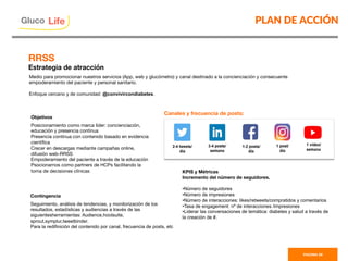 PLAN DE ACCIÓN
PAGINA 36
Objetivos

Posicionamiento como marca líder: concienciación,
educación y presencia continua
Presencia continua con contenido basado en evidencia
cientíﬁca
Crecer en descargas mediante campañas online,
difusión web-RRSS
Empoderamiento del paciente a través de la educación
Psocionarnos como partners de HCPs facilitando la
toma de decisiones clínicas

Gluco

Life
Medio para promocionar nuestros servicios (App, web y glucómetro) y canal destinado a la concienciación y consecuente
empoderamiento del paciente y personal sanitario.

Enfoque cercano y de comunidad: @convivircondiabetes.

RRSS
Estrategia de atracción
Canales y frecuencia de posts: 
KPIS y Métricas
Incremento del número de seguidores.

• Número de seguidores
• Número de impresiones
• Número de interacciones: likes/retweets/compratidos y comentarios
• Tasa de engagement: nº de interacciones /impresiones
• Liderar las conversaciones de temática: diabetes y salud a través de
la creación de #.
Contingencia

Seguimiento, análisis de tendencias, y monitorización de los
resultados, estadísticas y audiencias a través de las
siguientesherramientas: Audience,hootsuite,
sprout,symplur,tweetbinder.
Para la redifinición del contenido por canal, frecuencia de posts, etc
 