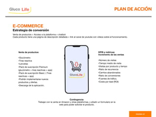 PLAN DE ACCIÓN
PAGINA 47
Venta de productos + Acceso a la plataforma + chatbot
Cada producto tiene una página de descripción detallada + link al canal de youtube con vídeos sobre el funcionamiento. 
Venta de productos:
 
• Glucómetro
• Tiras reactiva
• Lancetas
• Pack de suscripción Premium
(glucómetro + tiras reactivas + app)
• Pack de suscripción Basic: ( Tiras
reactivas + app)
• Podrán implementarse nuevos
productos y ofertas. 
• Descarga de la aplicación. 
KPIS y métricas
Incremento de las ventas

• Número de visitas
• Tiempo medio de visita
• Visitas por producto y tiempo
• Ratio de recurrencia
• Carritos abandonados
• Ratio de conversiones
• Fuentes de tráﬁco.
• Coste por lead (ROI)
Contingencia:
Trabajar con la venta en Amazon y otras plataformas, y añadir un formulario en la
web para poder solicitar el producto.
E-COMMERCE
Estrategia de conversión
Gluco

Life
 