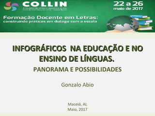 INFOGRÁFICOS NA EDUCAÇÃO E NOINFOGRÁFICOS NA EDUCAÇÃO E NO
ENSINO DE LÍNGUAS.ENSINO DE LÍNGUAS.
PANORAMA E POSSIBILIDADES
Gonzalo Abio
Maceió, AL
Maio, 2017
 
