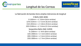 La fabricación de bandas tiene amplias tolerancias de longitud
V-Belts (SAE J636)
0-1269mm = +/- 3.0mm (6mm window)
1270-1524mm = +/- 4.1mm (8.2mm window)
1525-2032mm = +/- 4.8mm (9.6mm window)
2033-2540mm = +/- 5.6mm (11.2mm window)
Serpentine Belts (SAE J1459)
To 1200mm = +/- 4mm (8mm window)
1201-2000mm = +/- 5mm (10mm window)
2001-2500mm = +/- 6mm (12mm window)
2501-3000mm = +/- 7mm (14mm window)
Longitud de las Correas
 